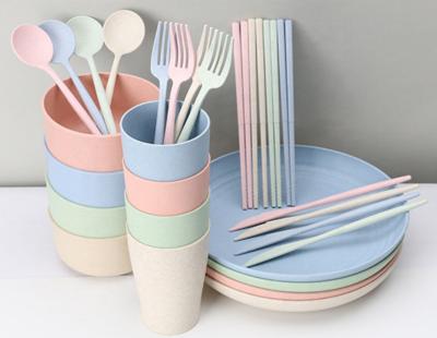 China Best Selling Plastic Minimalist Portable Dinnerware Set Round Custom Wheat Straw Dinnerware Set Cutlery Fashion Attractive Design for sale