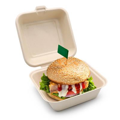 China Modern Hinged Disposable Hinged Hamburger Bagasse Clamshell Boxesl Lunch Box Plastic Food Containers for sale