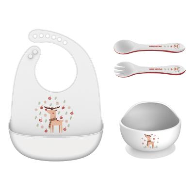 China Baby Feeding Eating Non-Toxic Kids Exercising Silicone Bowl Spoon Set Baby Bibs Kids Dining Silicone Baby Tableware for sale