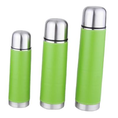 China Sustainable Heat Insulated Double Wall Stainless Steel Vacuum Thermos Mug With PU Sleeve Wrapped for sale