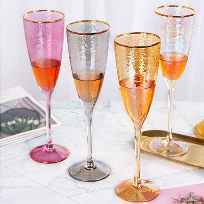 China New Design Clear Shaped Color Champagne Flute Triangle Goblet Gold Amber Purple Gray Rim Hammered Red Wine Glasses for sale