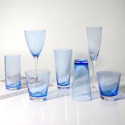 China Creative Glass Mug Blue Hammered Tumbler Colored Drinking Glass Wine Goblet Set for sale