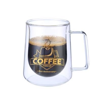 China New Sustainable Gold Finishing Borosilicate Double Wall Coffee Clear Glass Mug With Handle for sale