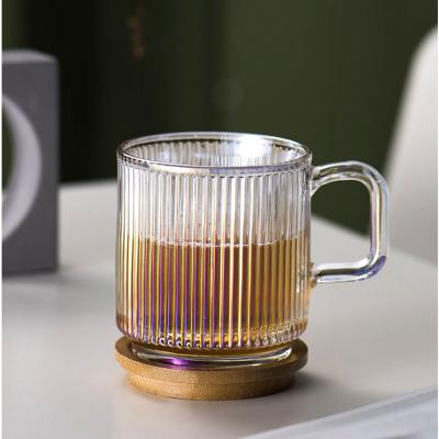 China New Nordic Style Stocked With Handle Bamboo Cover Mug Home Coffee Cup Transparent Glass Striped Tea Cup for sale