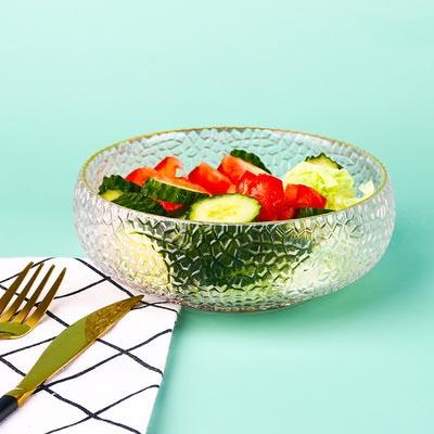 China Wholesale Japanese Home Stocked Use Fruit Bowl Dessert Salad Clear Hammered Gold Rim Glass Bowl for sale