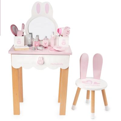 China Pretend Game 2021 New Cute Rabbit Pink Cute Makeup Wooden Dresser Toys With Chair For Children Pretend Game for sale