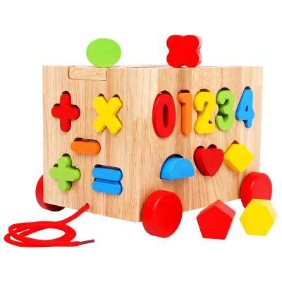 China Educational Toy Children's Trailer Montessori Porous Number Form Cognitive Matching Wooden Building Block Toy Puzzle Push Pull Toys for sale