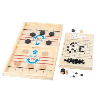 China Toy Small Educational 2 in 1 Wooden Small Chess Borad Game Toys for Kids Brain Trainning Toys Desktop Catapult Toy Hockey Bumper Table for sale