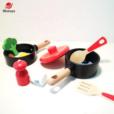 China Pretend Toy Wooden Cook Pot and Pans Play Kitchen Accessory Set for 3+ Year Kids Pretend Toy for sale