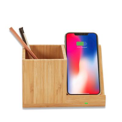 China Custom Multi Function Wooden Wireless Charger Pen Holder /Phone Wireless Charging Bamboo Stand Cell Phone/Lamp/Clock Wireless Charger for sale