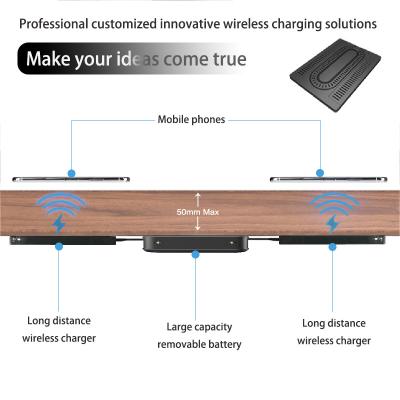 China Mobile Phone Invisible Under Desktop Table 40mm/50mm Background Wireless Charger With Removable Large Rechargeable Battery For Restaurant for sale