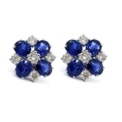 China Gorgeous CLASSIC White Natural Woman 100% Gold Diamond Fine Jewelry Gem Blue Sapphire Classic Cluster Earrings For From China Factory 18K for sale