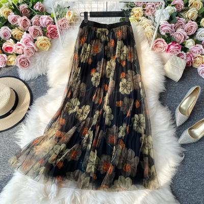 China Anti-static fashion printed skirt women's elastic waist mesh waist high pleated skirt one-line skirt length middle skirt for sale