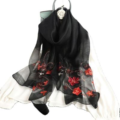 China Simple Spring and Autumn New Silk Scarf Women's Thin Silk Scarf Embroidered Silk Wool Blend Scarf for sale