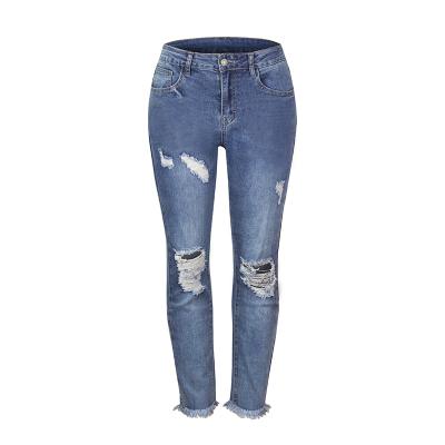 China Women's denim pants female color pierced jeans small waist high waisted boy friendes breathable elastic straight women jeans for sale