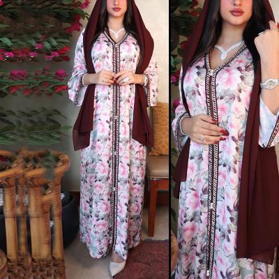 China 2021 Polyester Floral Summer Dress Middle East Dubai Abaya Kaftan Muslim Dress Jalabiya For Women for sale