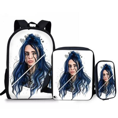 China Singer Hip Hop Rapper Billie Eilish 3 Pcs Set Anti-theft Backpacks School Bags Teenagers Student Laptop Bag Pencil Case for sale