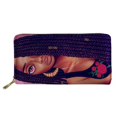 China Waterproof Custom Painted African Girls Women's Purse PU Leather Wallet Multi Position Card Zipper Long Purse for sale