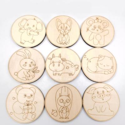 China Europe Animal Pattern Engraved Chips Round Wooden Chips Wooden Children's Painting Chips DIY for sale