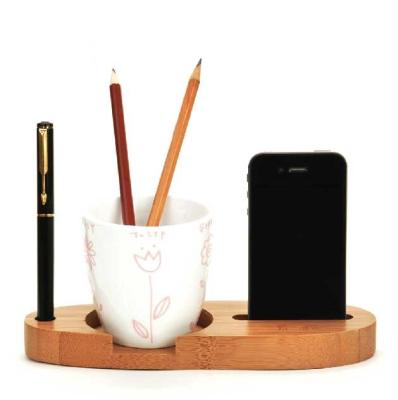 China New Design Wooden Bamboo Pen Phone Drink Cup Organizer Desktop Holder Phone and Pen Cup for Office School Home for sale