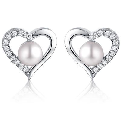 China Wholesale CLASSIC Customized Classic Women's Engagement Stud Earrings 925 Sterling Silver Rhodium Plated Heart Freshwater Pearl Earrings for sale