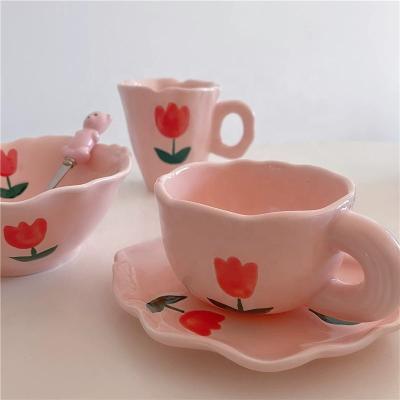 China Retro Viable INS Handmade Pinch Tulip Pink Afternoon Tea Coffee Mug Set for sale