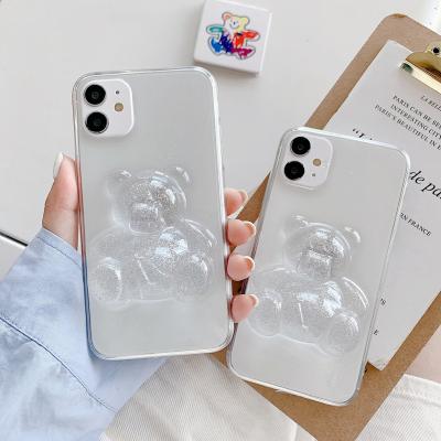 China Protector Cover Customized 3d Cute Cartoon Crystal Bear Transparent Soft Stick Shockproof Phone Case For iphone 12/11 pro max for sale