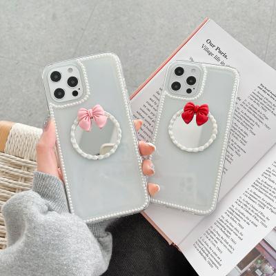 China New Arrival 3D Shockproof Pearl Border Make Up Mirror Transparent Epoxy Tpu Mobile Phone Case Cover For iphone 12/11 pro 7/8 max plus X for sale