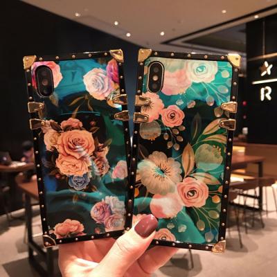 China Shockproof Luxury Blue Ray Printing Square Aesthetic Design Flower Cell Phone Shockproof Case For iPhone 13/12 11 6 7 8 X XR XSmax for sale