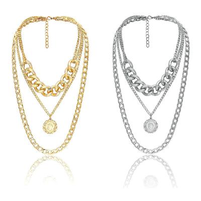 China CLASSIC Retro Portrait Exaggerated Hip Hop Thick Multi-Layer Cool Necklace Chain Short Collarbone Chain Accessories for sale