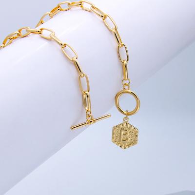 China New fashion punk Luge gold plated stainless steel necklace initial letter hexagon jewelry necklaces initial necklace for sale