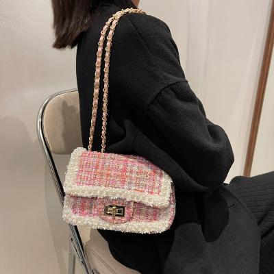 China Women's Fashion Wool Waterproof Chain Pearl Small Messenger Bag Small Square Perfume Shoulder Bag Cute Temperament Flip Bag for sale