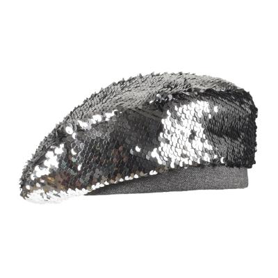 China High Quality Image Women's Sequin Beret Hat British Fashion Retro Flip Sequin Adjustable Painter Hat for sale