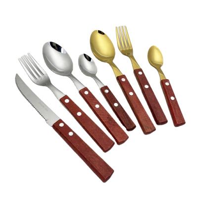 China Viable Dinner Hit Amazon Wooden Cutlery Spoon Fork Knife Set Silverware Set Stainless Steel Handle Wooden Cutlery Set for sale