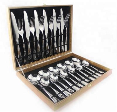 China 2018 Sustainable Amazon Success Paror Plated 24pcs Flatware Sets Wooden Box Stainless Steel Cutlery Set for sale