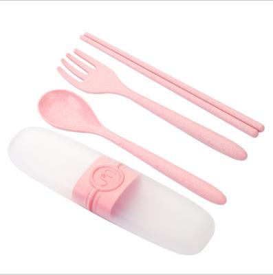 China Amazon Success 2020 Viable Student Fork Spoon Outdoor Chopsticks Set Portable 3 Piece Travel Wheat Straw Cutlery Set for sale