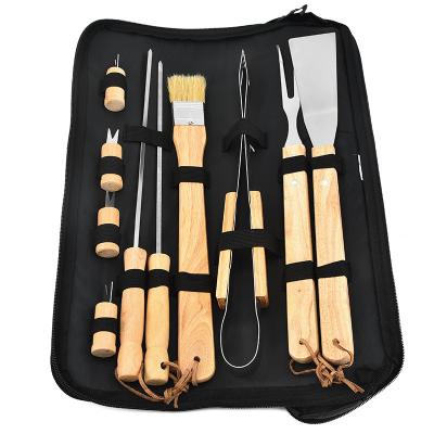 China Easily Cleaned Portable 10 Piece GRILL Grill Tool Kit Wooden Handle Stainless Steel BBQ Tool with Bag for Outdoor Camping Grilling Cooking for sale