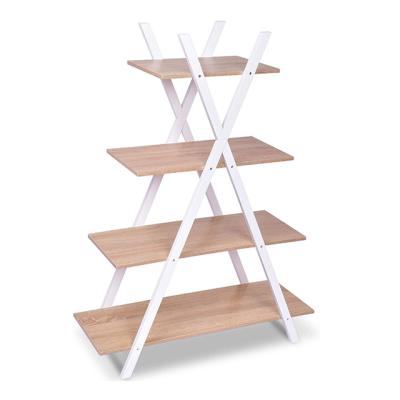 China KD Structure X Shaped 4 Tier Wooden Bookcase Ladder Shelf For Storage for sale