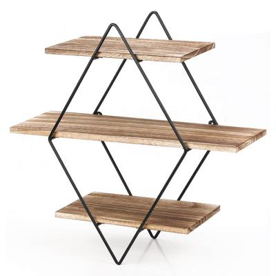 China Dining Room Set Home Decor Metal And Wood Floating Shelves 3 Tier Geometric Diamond Shape Wall Shelves for sale