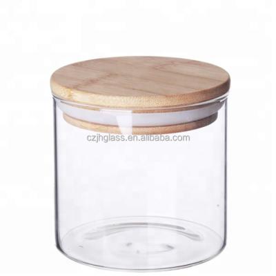 China JH 750ml High Borocilicate Air Tight Food Storage Container Spice Stored Glass Jar With Bamboo Lids for sale