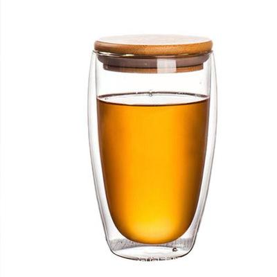 China Factory Sustainable Hot Sales 250ml 350ml 450ml Double Wall Transparent Glass Mug With Bamboo Lid for sale