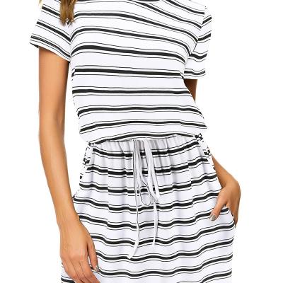 China Striped Dots Pattern Belly Belt Midi Dress AceElisa Vestido Polka Dot Anti-Static Short Sleeve With Pockets Wholesale Cheap Causal Dress for sale