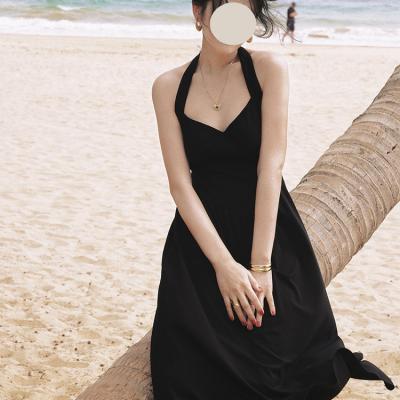 China Ladies Maxi Loose Summer Elegant Long Solid Color Solid Color AceElisa Gaun V-Neck Waist Long Halterneck Deep Halterneck Party Casual Dress for sale