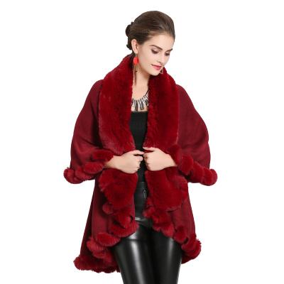 China Viable Factory Autumn Winter Loose Imitation Fox Fur Collar Wholesale Jtfur Women Knitted Double Knitted Shawl Coat for sale