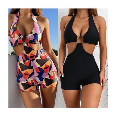 China Plus Size Outer One Piece Swimsuit 2021 Bikinis Sparkle Halter Neck Swimsuit Women Swimwear With Big Steel Ring for sale