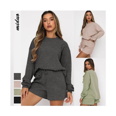 China Fashion QUICK DRY Women's 2021 Autumn Pants Suit Round Style Round Casual Shorts Sports Sweater Hoodie Neck Long Sleeve Two Piece Suit for sale