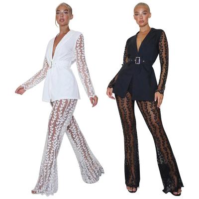 China New Style Fashion OL Ladies V-Neckline QUICK DRY Mesh Lace Floral Small Long Sleeve Top Flared Two Piece Suit Pants With Belt Buckle for sale