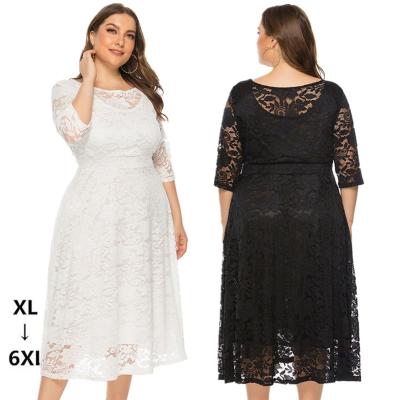 China 2021 Hot Anti-Static Amazon Style Plus Size Evening Dress Skirt Cavity Lace Mid Length Prom Dress With Long Sleeve for sale