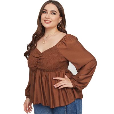 China Viable Women Fashion Tops 2021 Plus Size Solid Color Gather Size Temperament Tops For Fat Ladies for sale