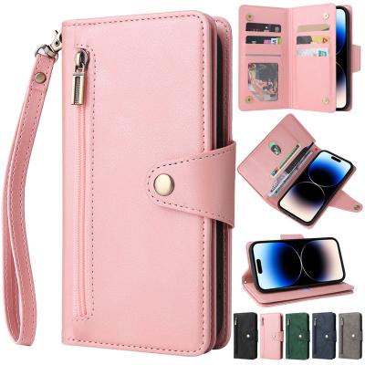 China With Se 13 12 11 Luxury iPhone 14 Zipper Multi-Card Buckle Flip Leather Case For X Max Stand Wallet Rivet Pro 2022 XS XR 8 plus 7 6 6S for sale